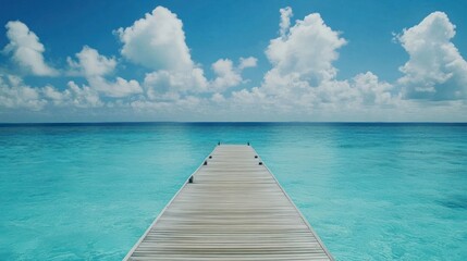Fototapeta premium Tranquil wooden pier extending into a vibrant turquoise sea.