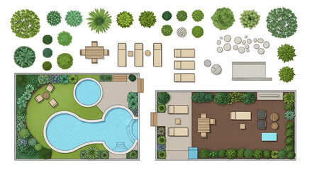 Overhead view illustration of a landscaped backyard with pool patio furniture and landscaping design