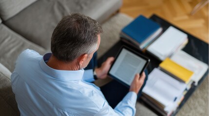 Man in blue shirt sitting on sofa using digital tablet surrounded by stacks of documents and folders on table, focused on reading and working comfortably