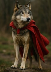 Fototapeta premium Wolf wearing red cape outdoors.