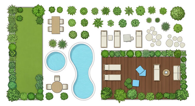 Overhead view of a meticulously planned modern outdoor patio and garden design layout.