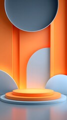 A sleek and modern composition featuring a podium like platform with geometric shapes in shades of orange and grey against a gradient background