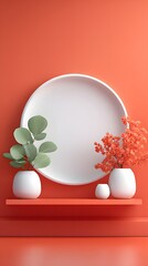 A sleek white circular mirror surrounded by a simple arrangement of potted plants and ceramic vases creating a harmonious and tranquil minimalist display on a red shelf