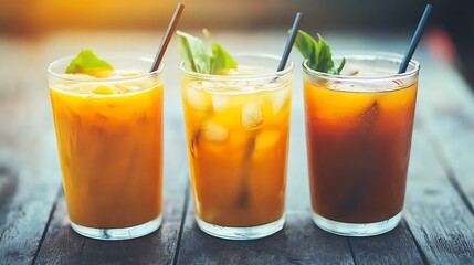 Fototapeta premium Refreshing iced drinks on a wooden table, summer beverages, party mood