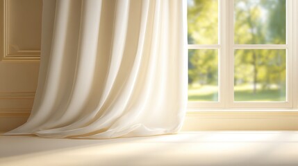 Soft white curtains gently draping by a sunlit window overlooking a serene garden