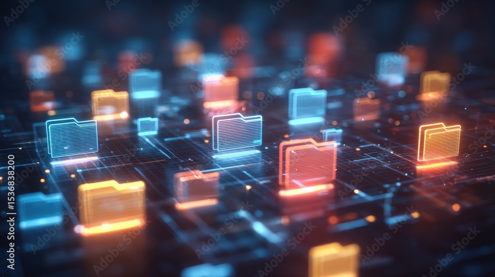 Poster abstract network grid with files and folders, futuristic software interface, digital document manage