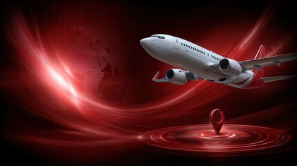 White airplane with red accents flying over red digital location marker with swirling light effects, symbolizing travel, navigation, and technology in dynamic scene