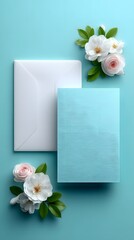 A beautiful arrangement of delicate pastel roses and leaves against a soft turquoise background with a blank white card for an elegant design or invitation