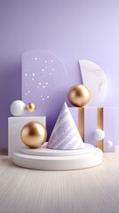A minimalist composition featuring abstract geometric shapes polka dots and gold accents on a purple background creating a sleek and elegant visual display