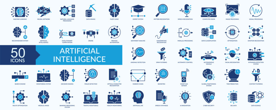 Artificial intelligence icon collection set with machine learning, neural network, speech recognition, image processing, spam filtering
