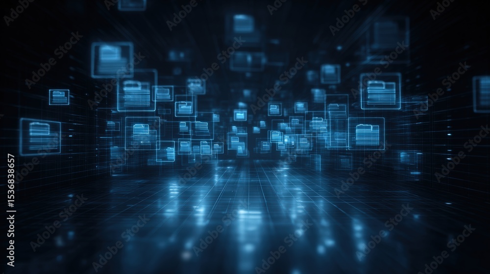 Poster abstract network grid with files and folders, futuristic software interface, digital document manage