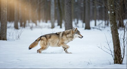 A majestic gray wolf runs through a snowy forest landscape. 