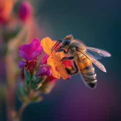 Fototapeta premium A detailed close-up of a bee collecting nectar from a vibrant orange and pink flower against a blurred background.