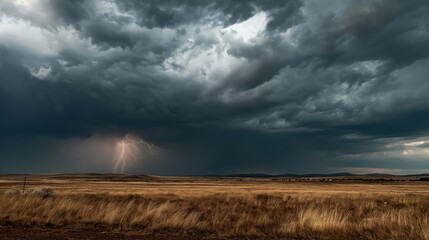 A dramatic storm looms over a vast dry grassland with lightning striking beneath dark, swirling clouds.