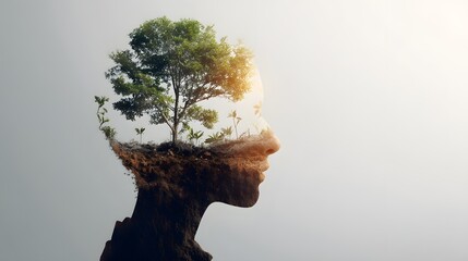In this surreal double exposure image a human face blends seamlessly with a lush verdant landscape