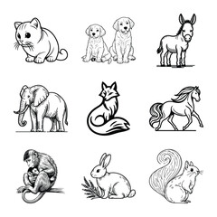 Different types of animal bundle vector illustration isolated on a white background