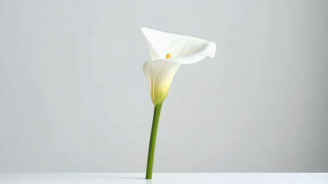 Elegant single white calla lily with yellow center stands against a clean, bright background, creating a minimalist and pure floral composition