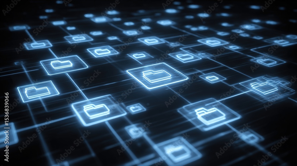 Poster abstract network grid with files and folders, futuristic software interface, digital document manage