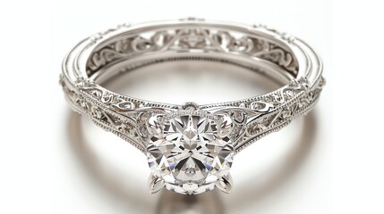 This is a beautiful ring with a large center stone surrounded by smaller stones. The band is made of white gold and has a delicate design.