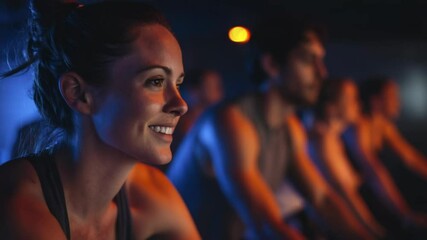 Indoor Cycling Class with Focused Woman Smiling During Workout Session