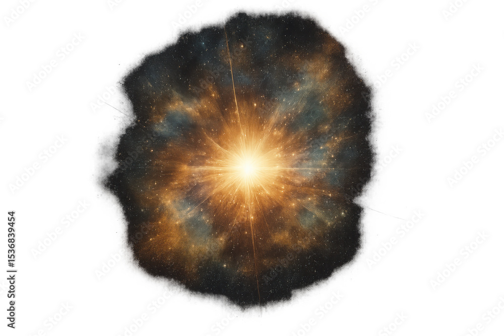 Poster supernova explosion creating a bright light in the deep space, with transparent background, perfect 