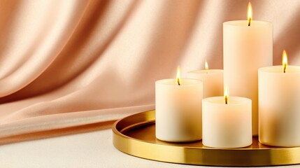 Elegant arrangement of lit candles on a golden tray against a soft, draped fabric background
