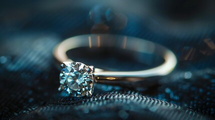 Close-up of a beautiful diamond ring on a dark blue background. The ring is made of white gold and has a round diamond in the center.