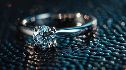 Close-up of a beautiful diamond ring on a black background. The ring is made of white gold and has a round diamond in the center.