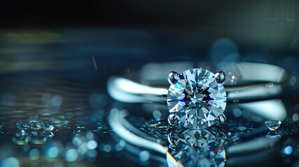 Close-up of a beautiful diamond ring on a reflective surface. The diamond is round and cut in a brilliant style, and it sparkles in the light.