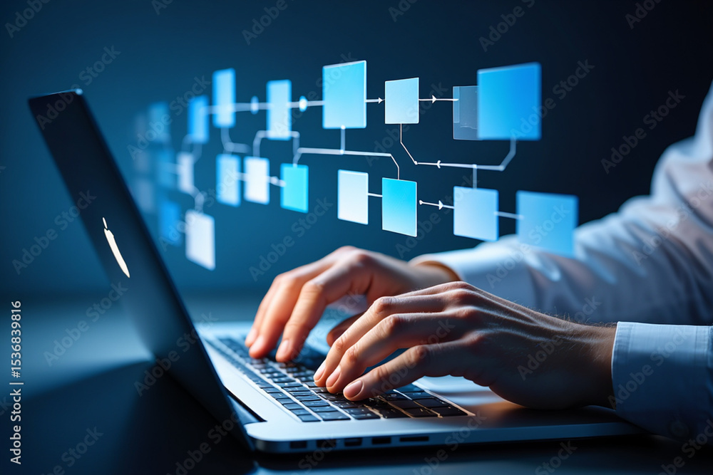 Poster person working on laptop with digital flowchart interface