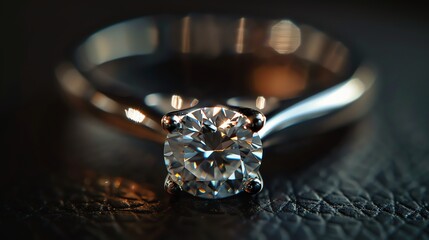Close-up of a beautiful diamond ring on a dark background. The ring is made of white gold and has a round diamond in the center.