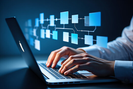 Person working on laptop with digital flowchart interface