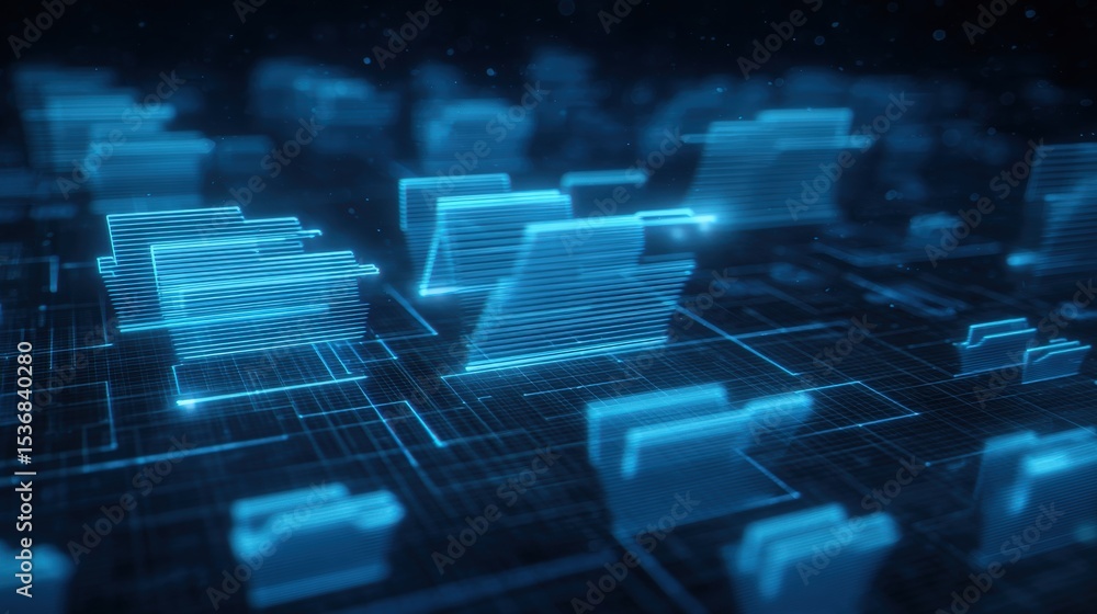 Poster abstract network grid with files and folders, futuristic software interface, digital document manage