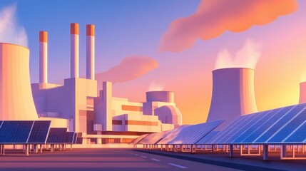 Obraz premium Modern energy facility at sunset showcasing solar panels and smokestacks in harmony