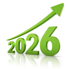 2026 growth concept with a green upward trending arrow indicating progress and success