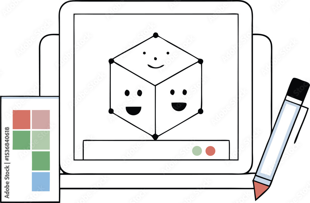 Poster cute smiling 3d cube on screen with design tools and color palette