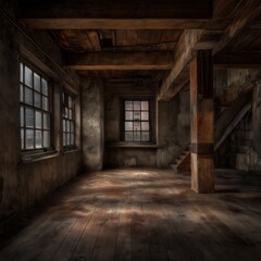 Obraz premium An empty, rustic attic room with wooden beams, aged walls, and multiple windows letting in natural light.