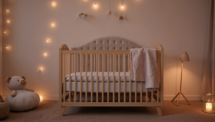 Cozy nursery with wooden crib and soft lighting for infants
