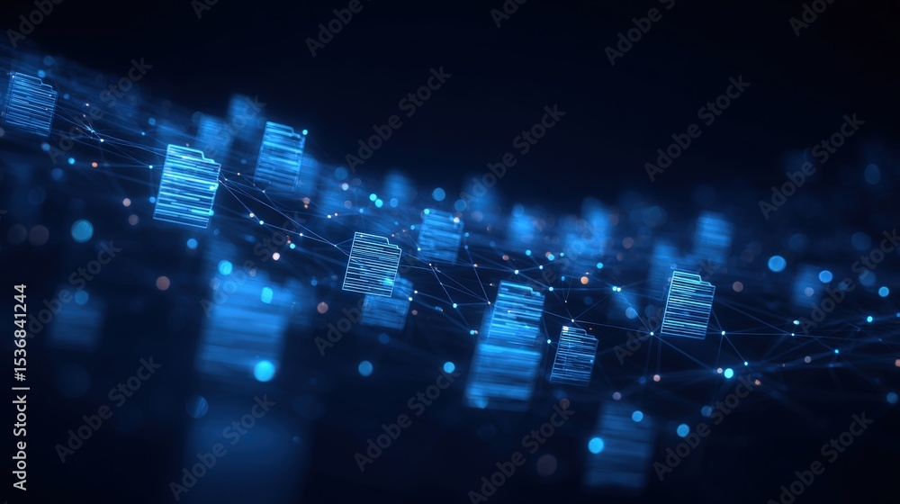 Poster abstract network grid with files and folders, futuristic software interface, digital document manage