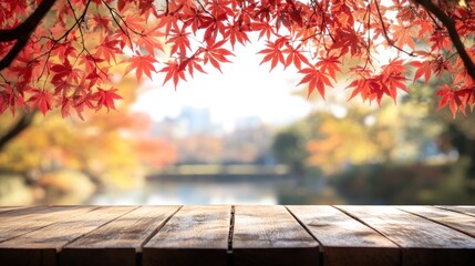 Autumnal scene with vibrant fall foliage over a wooden surface.