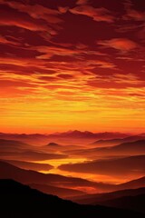 Obraz premium Golden sunrise, vibrant sky, silhouette landscape, panoramic view, aerial perspective, breathtaking, stunning 