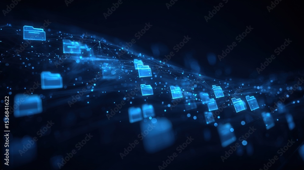 Poster abstract network grid with files and folders, futuristic software interface, digital document manage