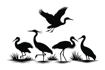 Silhouette illustration of heron birds in nature wildlife vector art design