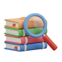 3D Research Icon - Magnifying Glass over Stack of Books, Study & Education Concept, Isolated Transparent Background PNG