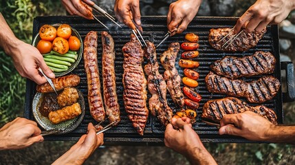 Overhead shot showcasing an outdoor barbecue with various grilled foods and people
