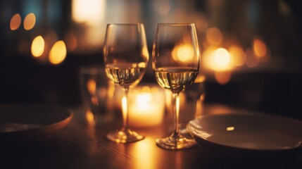 Two elegant wine glasses filled with golden liquid on a dark wooden table, softly glowing candle casting warm ambient light, cozy intimate atmosphere with blurred bokeh lights, 