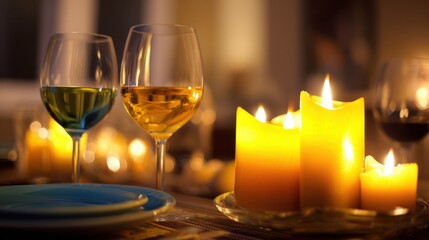 Intimate dining table setting with elegant wine glasses, green and golden white wine, warm glowing candles of varying heights, blue plates, and soft bokeh background for a romantic ambiance.