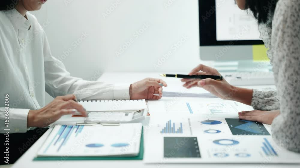 Poster team collaboration in office space business meeting data analysis professional environment overhead 