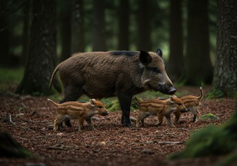 A mother wild boar and her three piglets are nestled amongst the roots of trees in a dense forest. 
