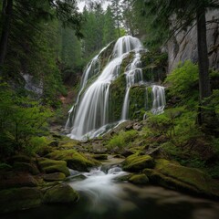 Obraz premium A serene waterfall cascades over moss-covered rocks in a lush, green forest surrounded by tall evergreen trees and rugged cliffs.